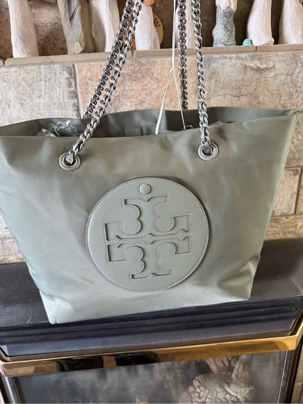 Tory Burch Olive Nylon Tote with Silver Chain Straps
